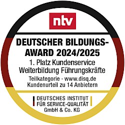 Siegel NTV DBA Preisträger: 1. Platz Kundenservice Weiterbildung Führungskräfte